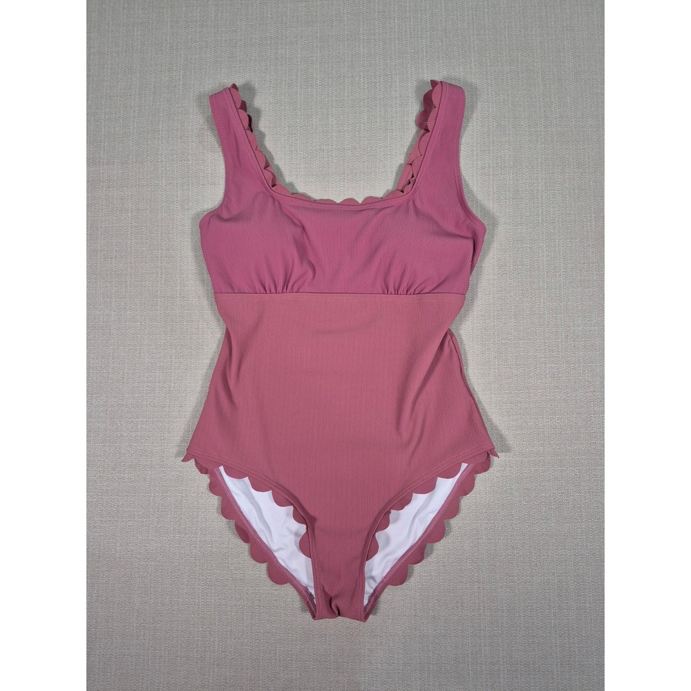 Charmo Scalloped Ribbed One Piece Swimsuit Retro Square Neck Pink Mauve Large